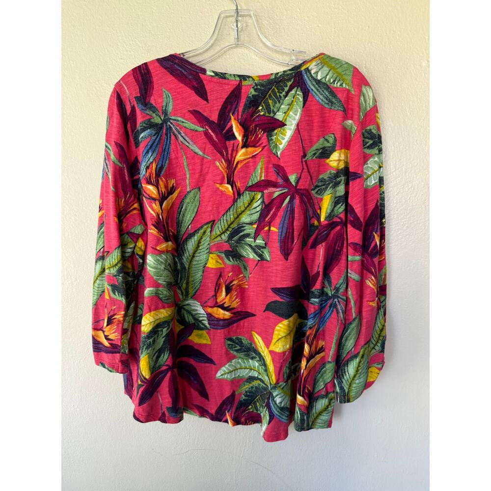 Chico’s 4 Size XXL Tropical Floral V Neck 3/4 Sleeve Top Pink Modal Cotton - Picture 7 of 11